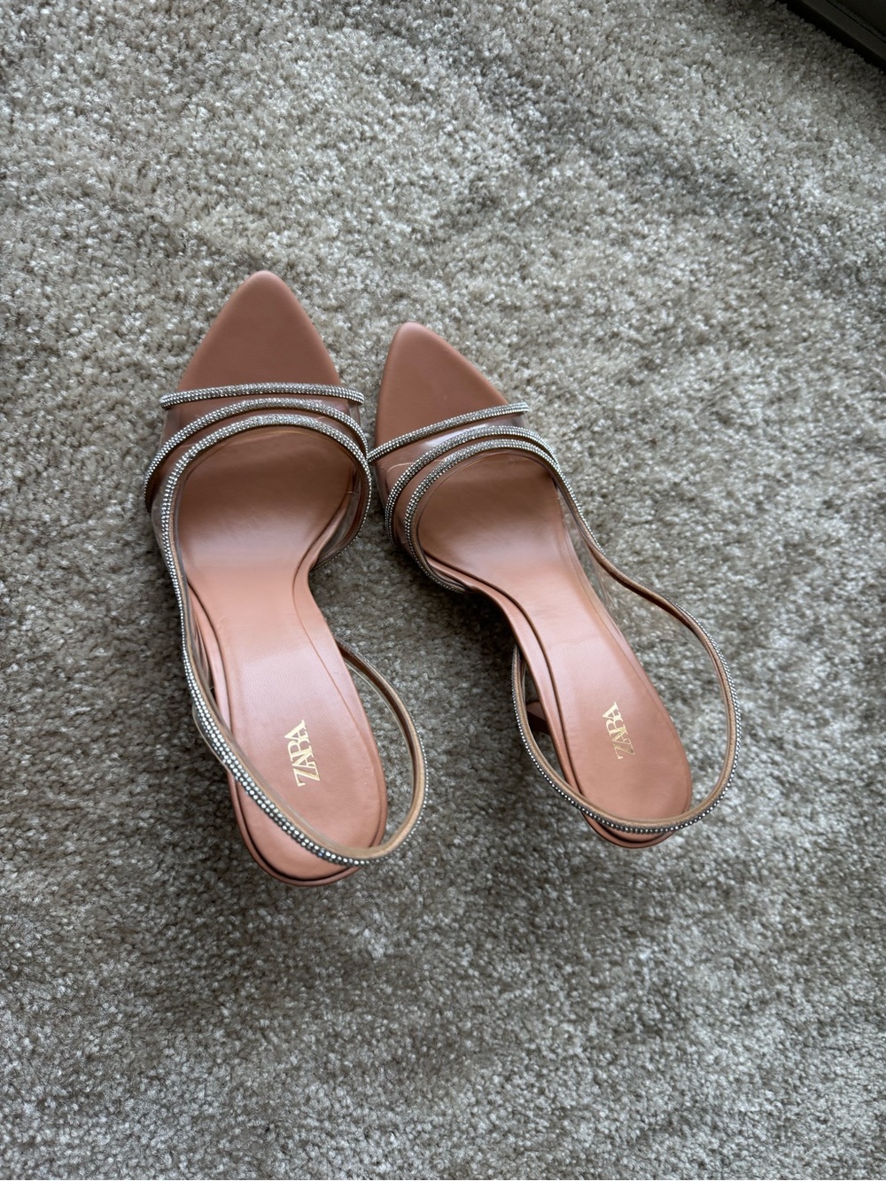 ZARA Blush Pink Pointed Toe Slingback Heels with Sparkle Straps